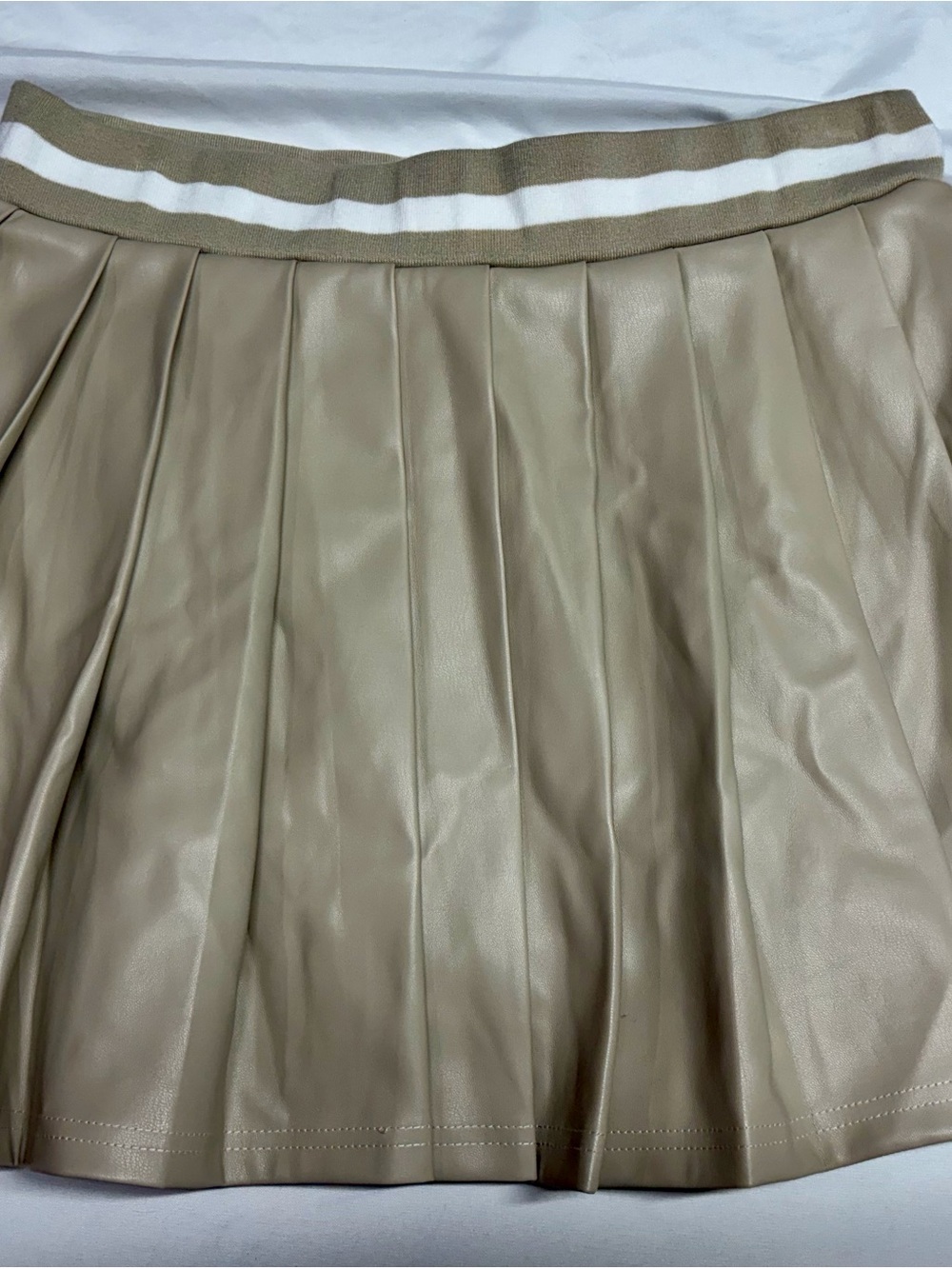 Pleated Faux Leather A-Line Skirt in Taupe with Striped Waistband